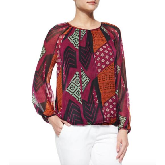 Diane von Furstenberg DVF Multicolor Bishop Sleeve Hathaway Collate Print Top P - Picture 8 of 8